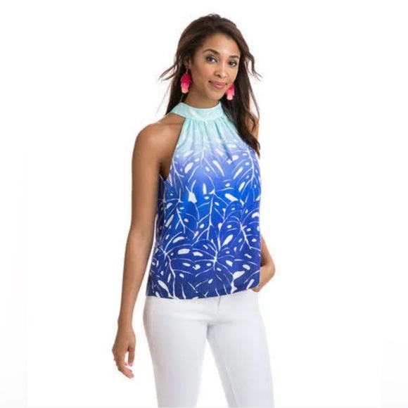 Vineyard Vines Aqua Blue white printed cotton-silk tie halter top size 2 - Picture 3 of 10
